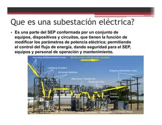 Que es una subestación eléctrica?
• Es una parte del SEP conformada por un conjunto de
equipos, dispositivos y circuitos, que tienen la función de
modificar los parámetros de potencia eléctrica; permitiendo
el control del flujo de energía, dando seguridad para el SEP,
equipos y personal de operación y mantenimiento.
 