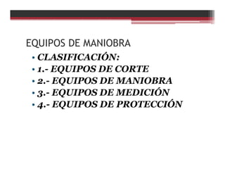 EQUIPOS DE MANIOBRA
• CLASIFICACIÓN:
• 1.- EQUIPOS DE CORTE
• 2.- EQUIPOS DE MANIOBRA
• 3.- EQUIPOS DE MEDICIÓN
• 4.- EQUIPOS DE PROTECCIÓN
 