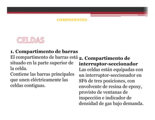 1. Compartimento de barras
El compartimento de barras está
situado en la parte superior de
la celda.
Contiene las barras principales
que unen eléctricamente las
celdas contiguas.
2. Compartimento de
interruptor-seccionador
Las celdas están equipadas con
un interruptor-seccionador en
SF6 de tres posiciones, con
envolvente de resina de epoxy,
provisto de ventanas de
inspección e indicador de
densidad de gas bajo demanda.
COMPONENTES
 