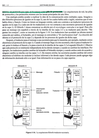 I
i CAP. I
i
I
I
V¿
¡t ,".
lrntcan
nde
te
atta-
líneas
que
@pa
telefó-
es que
o
de la
cada
)
SOFTWAREDERED
¿t *mffüPa{úl¡daWffi. Las arquitecturas de red,las pilas
de protocolos y los protocolos mismos son los temas principales de este libro.
Una analogía podría ayudar a explicar la idea de la comunicación entre múltiples capas. Imagine a
dos filósofos (procesos de iguales en la capa 3), uno de los cuales habla urdú e inglés, mientras que el otro
habla chino y francés. Como no tienen un lenguaje común, cada uno contrata a un traductor (procesos de
iguales enla capa 2) y cada uno de los traductores a su vez contacta a una secretaria (procesos de iguales
en la capa l). El filósofo 1 desea comunicar su afición por el oryctolagus cuniculus a su igual. Para ello
pasa un mensaje (en español) a través de la interfaz de las capas 2-3 a su traductor para decide: "Me
gustan los conejos", como se muestra en la figura 1-14. Los traductores han acordado un idioma neutral
conocido por ambos, el holandés, así el mensaje es converti do a "Ik vind konijnen leuV' . La elección del
idioma es el protocolo de la capa2 y depende de los procesos de iguales de dicha capa.
Después, el traductor pasa el mensaje a una secretaria para que lo transmita, por ejemplo, mediante correo
electrónico (el protocolo de la capa l). Cuando el mensaje llega a la otra secretaria, ésta lo pasa al traductor lo-
cal, quien 1o traduce al francés y lo pasa a través de la interfaz de las capas 2-3 al segundo filósofo 2. Observe
que cada protocolo es totalmente independiente de los demás siempre y cuando no cambien las interfaces. Por
ejemplo, los traductores pueden cambiar de holandés al finlandés siempre y cuando ambos estén de acuerdo y
ninguno cambie su interfaz con las capas 1 o 3. De manera similar, las secretarias pueden cambiar del correo
electrónico al teléfono sin molestar (o incluso informar) a las demás capas. Cada proceso puede agregar algo
de información destinada sólo a su igual. Esta información no se pasa ala capa superior.
Ubicación A Ubicación B
lnformación
para el
traductor remoto
Traductor
27
lnformación
para la
secretaria remota
Figura l-14. La arquitectura fi 1ósofo-traductor-secretaria.
Secretaria
c-a fr;-l
&[ial
J*1
'^É
W
{0
rs
?l
fl ft
lk vind
konijnen
leuk
lk vind
konijnen
leuk
!
*
 