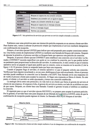 r cAP. I
sEc. 1.3 SOFTV/ARE DE RED
transmi+
solicitud-
; el cliente
enviar
En la
que
una
capas de
muchos
dispo-
que
pila de
general,o
gu vez
Figura 1-17. Seis primitivas de servicios que proveen un servicio simple orientado a conexión.
Podríamos usar estas primitivas para una interacción petición-respuesta en un entomo cliente-servidor.
Para ilustrar esto, vamos a esbozar un protocolo simple que implementa el servicio mediante datagramas
con confirmación de recepción.
Primero, el servidor ejecuta LISTEN para indicar que está preparado para aceptar conexiones entran-
tes. Una forma común de implementar LISTEN es mediante una llamada de bloqueo del sistema. Después
de ejecutar la primitiva, el proceso servidor se bloquea hasta que aparezcauna petición de conexión.
Después, el proceso cliente ejecuta CONNECT para establecer una conexión con el servidor. La lla-
mada a CONNECT necesita especificar con quién se va a realizar la conexión, por lo que podría incluir
un parámetro para proporcionar la dirección del servidor. A continuación, lo más común es que el sistema
operativo envíe un paquete al igual para pedirle que se conecte, como se muestra en la sección (1) de la
figura 1-18. El proceso cliente se suspende hasta que haya una respuesta.
Cuando el paquete llega al servidor, el sistema operativo ve que el paquete solicita una conexión.
Verifica que haya alguien escuchando y, en ese caso, desbloquea al que está escuchando. Ahora el proceso
servidor puede establecer la conexión con la llamada a ACCEPT. Esta llamada envía una respuesta (2)
de vuelta al proceso cliente para aceptaf la conexión. Al llegar esta respuesta se libera el cliente. En este
punto, el cliente y el servidor se están ejecutando y tienen una conexión establecida.
La analogia obvia entre este protocolo y la vida real es un cliente que llama al gerente de servicio al
cliente de una empresa. Al empezar el día, el $erente de servicio se sienta a un lado de su teléfono en caso
de que suene. Después, un cliente hace una llamada. Cuando el gerente levanta el teléfono se establece
la conexión.
El siguiente paso es que el servidor ejecute RECEIVE y se prepare para aceptar la primera petición.
Por lo general, el servidor hace esto justo después de ser liberado de la pgimitiva LISTEN, antes de que la
confirmación de recepción pueda regresar al cliente. La llamada a RECEIVE bloquea al servidor.
Máquina cliente
Petición Máquina servidor
Sistema
operativo
Figura l-18. Una interacción cliente-servidor simple mediante el uso de datagramas con confirmación de recepción.
sin
Las
oo-
de conexión
(2) Aceptar respuesta
A Proceso
[ / oersistema
)(-
il
(3) Petición de datos
(4) Respuesta
(5) Desconexión
Kernel
Pila de
protocolos )ontroladores Kernel
Pila de
)ontroladores(6) Desconexión
 