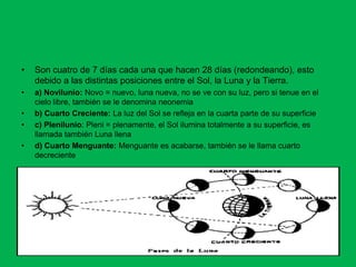 • Son cuatro de 7 días cada una que hacen 28 días (redondeando), esto
debido a las distintas posiciones entre el Sol, la Luna y la Tierra.
• a) Novilunio: Novo = nuevo, luna nueva, no se ve con su luz, pero si tenue en el
cielo libre, también se le denomina neonemia
• b) Cuarto Creciente: La luz del Sol se refleja en la cuarta parte de su superficie
• c) Plenilunio: Pleni = plenamente, el Sol ilumina totalmente a su superficie, es
llamada también Luna llena
• d) Cuarto Menguante: Menguante es acabarse, también se le llama cuarto
decreciente
 