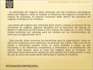 La estrategia del negocio debe alinearse con las iniciativas estratégicas claves del negocio, como el mejorar la eficiencia del negocio a través de la mejora de procesos. El alcance funcional debe definir los procesos del negocio incluidos en la iniciativa.  Las metas del negocio son utilizadas para medir y evaluar el alcance de las iniciativas de negocio. Algunos ejemplos son la reducción del tiempo de diseño e ingeniería de 48 meses a 18 o reducir los costos en un 20%, Estas metas necesitan ser realistas para ser creídas por los inversionistas, así como por la organización de TI. Esta sección debe remarcar los beneficios para la organización, tanto en términos subjetivos como objetivos, de alcanzar las metas. Cada una de las metas y beneficios pueden tener un valor añadido a estas, ya sea financiero, o de diferencia competitiva, o enfocados a la satisfacción del cliente. Esta sección hace el caso del negocio para la iniciativa. Un elemento extremadamente exitoso de esta sección es la descripción o caso de uso de cómo las cosas serán diferentes si resulta la iniciativa. Sistemas Integrales en las Organizaciones 