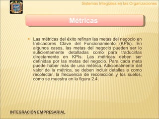 Las métricas del éxito refinan las metas del negocio en Indicadores Clave del Funcionamiento (KPIs). En algunos casos, las metas del negocio pueden ser lo suficientemente detalladas como para traducirlas directamente en KPIs. Las métricas deben ser definidas por las metas del negocio. Para cada meta puede haber más de una métrica. Adicionalmente del valor de la métrica, se deben incluir detalles e como recolectar, la frecuencia de recolección y los suelos, como se muestra en la figura 2.4. Sistemas Integrales en las Organizaciones Métricas   
