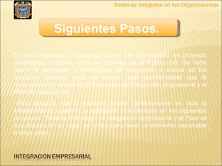 Sistemas Integrales en las Organizaciones Siguientes Pasos.   En esta coyuntura, el proceso puede ser diferenciado en proyecto estratégico o táctico, como se muestra en la Figura 2-6. Se debe definir la estrategia y tecnologías de integración a utilizar en los proyectos tácticos, pero es mucho más recomendable que la recomendación venga de la Estrategia de Integración empresarial y el Plan de Arquitectura. Esto asegura que la solución encaje perfectamente en toda la infraestructura y permita la agilización y reutilización en los siguientes proyectos. Tener la Estrategia de Integración empresarial y el Plan de Arquitectura en su lugar, es crítico para tener un ambiente soportable a largo plazo. 