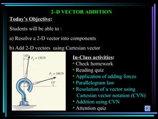 2–D VECTOR ADDITION   Today’s Objective : Students will be able to :   a) Resolve a 2-D vector into components b) Add 2-D vectors  using Cartesian vector notations. ,[object Object],[object Object],[object Object],[object Object],[object Object],[object Object],[object Object],[object Object],[object Object]