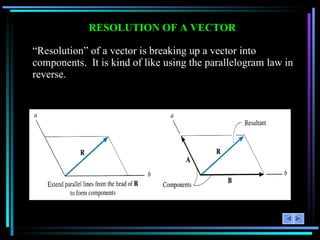 “ Resolution” of a vector is breaking up a vector into components.  It is kind of like using the parallelogram law in reverse.  RESOLUTION OF A VECTOR 