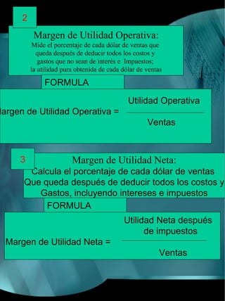 2
           Margen de Utilidad Operativa:
           Mide el porcentaje de cada dólar de ventas que
            queda después de deducir todos los costos y
             gastos que no sean de interés e Impuestos;
          la utilidad pura obtenida de cada dólar de ventas

               FORMULA

                                              Utilidad Operativa
Margen de Utilidad Operativa =
                                                     Ventas



      3                  Margen de Utilidad Neta:
        Calcula el porcentaje de cada dólar de ventas
       Que queda después de deducir todos los costos y
          Gastos, incluyendo intereses e impuestos
            FORMULA
                                            Utilidad Neta después
                                                  de impuestos
  Margen de Utilidad Neta =
                                                         Ventas
 