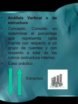 •   Análisis Vertical o de
    estructura
•   Concepto: Consiste en
    determinar el porcentaje
    que     representa      cada
    cuenta con respecto a un
    grupo de cuentas y con
    respecto a total de los
    rubros (estructura interna).
•   Caso práctico


              Estructura
 