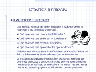 ESTRATEGIA EMPRESARIAL ESTRATEGIA EMPRESARIAL PLANIFICACION ESTRATEGICA Una manera “sencilla” de tomar decisiones a partir del DAFO es responder a las siguientes preguntas: ¿ Qué hacemos para reducir las debilidades ? ¿ Qué hacemos para aumentar las fortalezas ? ¿ Qué hacemos para evitar las amenazas ? ¿ Qué hacemos para aprovechar las oportunidades ? Reflexionando de este modo identificaremos los Factores Críticos de Éxito y definiremos objetivos y Planes para su consecución La gestión estratégica de empresas con una cartera formada por diferentes productos o servicios se facilita enormemente utilizando herramientas específicas, en este caso en forma de matrices, en las que se representan grupos homogéneos de nuestros productos. 