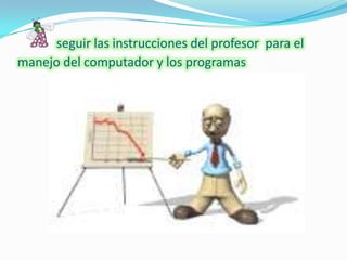 seguir las instrucciones del profesor para el
manejo del computador y los programas