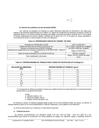 D
                                                                                         RD =
                                                                                                e min




                  b) Tuberías de polietileno de alta densidad (PEAD)

                 Las- tuberías de polietileno se fabrican en cuatro diferentes relaciones de dimensión y son aptas para
        trabajar a las presiones especificadas en la TABLA 2.5. Según las condiciones de operación se aplica un factor de
        seguridad igual a 3 ó 4 veces la presión de trabajo para llegar a la presión de ruptura. El factor de 3 (F 3) se aplica
        en líneas subterráneas en terreno estable, mientras que el factor de 4 (F 4) se aplica en líneas expuestas a
        movimientos de terreno o tráfico pesado y líneas a la intemperie.

                                 Tabla 2.4. PROPIEDADES FÍSICAS DE TUBERÍA DE PEAD

                         Densidad por ASTM-1505, G/ CM3                                   0.941 a 0.955 G/m 3.
                  Modulo de flexion por la ASTM D-1238 G/10 min.                   De 110,000 a 160,000 lbs / pulgada2
                   Esfuerzo a la tracción por la ASTM- D-638 psi.                    De 3200 a 3500 lbs / pulgada2
Resistencia al agrietamiento por esfuerzo ambiental por la ASTM-D-1693, 5 falla en
                                                                                         Mayor a 5,000 horas.
                                        horas.
                Base de diseño hidrostatico por la ASTM D-2387 psi.                        1600 lbs / pulgada2
                                                                                    Negro, con 2% mínimo de negro
                           Color estabilizador ultravioleta.
                                                                                                 humo.


             Tabla 2.5. PRESIÓN MÁXIMA DE TRABAJO PARA TUBOS DE POLIETILENO (S*=44.29kg/cm2)


     RELACIÓN DE DIMENSION                                   PRESIÓN MÁXIMA DE TRABAJO, kg/cm2
              (RD)
                                                              F3                                          F4
                   9                                         14.7                                        11.1
                  13.5                                        9.4                                         7.1
                   17                                         7.3                                         5.5
                   21                                         5.9                                         4.4
                   26                                          -                                          4.5
                  32.5                                         -                                          3.6
                   41                                          -                                          2.3

              * S corresponde al esfuerzo de diseño o fuerza por unidad de área en la pared del tubo en corte transversal al
              eje del mismo y es igual S=P(d-e)/2e

                           donde :
                           d : diámetro exterior, mm
                           P: presión de trabajo, kg/cm2
                           e : espesor mínimo de pared, mm

         En tuberías y coples, el material moldeado debe cumplir con la norma ASTM-D 3350. así mismo, en tubería, el
material deberá cumplir con la norma ANSI/AWWA C 906-99, totalmente y con la NMX-E-018-1996-SCFI.

        La unión de esta tubería es a través de un cople electro-fusionado.

        c)    Tuberías de acero.

        Se fabrican comercialmente con diámetros desde 3.18 mm (1/8”) Ø hasta 1219 mm (48") Ø y son
recomendables para líneas de conducción con altas presiones de trabajo. Su utilización obliga a revestirlos contra la

      Lineamientos Tec. Factibilidad, SIAPA       CAP.2 SISTEMAS DE AGUA POTABLE         Julio 2004     Hoja 12 de 40
 