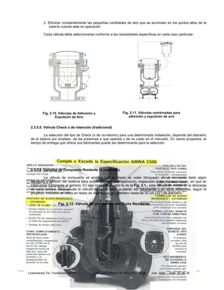 2. Eliminar constantemente las pequeñas cantidades de aire que se acumulen en los puntos altos de la
               tubería cuando este en operación.

            Cada válvula debe seleccionarse conforme a las necesidades específicas en cada caso particular.




           Fig. 2.10. Válvulas de Admisión y                   Fig. 2.11. Válvulas combinadas para
                   Expulsión de Aire                               admisión y expulsión de aire


  2.3.5.5. Válvula Check o de retención (tradicional)

           La selección del tipo de Check (o de no-retorno) para una determinada instalación, depende del diámetro
  de la tubería por emplear, de las presiones a que operará y de su costo en el mercado. En varios proyectos, el
  tiempo de entrega que ofrece sus fabricantes puede ser determinante para la selección.




  2.3.5.6. Válvulas de Compuerta Resilente (o resiliente).

          La válvula de compuerta se emplea con el objeto de aislar (bloquear) en un momento dado algún
  elemento o sección del sistema para poder efectuar una reparación, inspección o dar mantenimiento, sin que se
  interrumpa totalmente el servicio. En una instalación como la de la Fig. 2.1., esta válvula se instala en la descarga
  de cada bomba, después de la válvula de alivio; pero, pudieran ser necesarias y en sitios diferentes, según el
  proyecto; inclusive se utiliza en redes de distribución en diámetro hasta de 30 cm (12”) de diámetro.


                       Fig. 2.12. Válvula de compuerta con Cuña Resiliente.




Lineamientos Tec. Factibilidad, SIAPA      CAP.2 SISTEMAS DE AGUA POTABLE         Julio 2004   Hoja 20 de 40
 