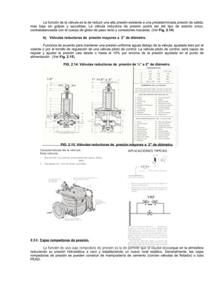 La función de la válvula es la de reducir una alta presión existente a una predeterminada presión de salida,
mas baja sin golpes y sacudidas. La válvula reductora de presión podrá ser del tipo de asiento único,
contrabalanceada con el cuerpo de globo de paso recto y conexiones roscadas. (Ver Fig. 2.14)

        b) Válvulas reductoras de presión mayores a 2” de diámetro.

        Funciona de acuerdo para mantener una presión uniforme aguas debajo de la válvula, ajustada bien por el
volante o por el tornillo de regulación de una válvula piloto de control. La válvula piloto de control, será capaz de
regular y ajustar la presión casi desde o hasta el 10% por encima de la presión ajustada en el punto de
alimentación. (Ver Fig. 2.15).

                      FIG. 2.14. Válvulas reductoras de presión de ½” a 2” de diámetro.




                    FIG. 2.15. Válvulas reductoras de presión mayores a 2” de diámetro.




                                                                               VRP




2.3.6. Cajas rompedoras de presión.

        La función de una caja rompedora de presión es la de permitir que el caudal descargue en la atmósfera
reduciendo su presión hidrostática a cero y estableciendo un nuevo nivel estático. Generalmente, las cajas
rompedoras de presión se pueden construir de mampostería de cemento (con/sin válvulas de flotador) o tubo
PEAD.
 