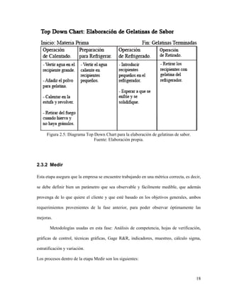 Figura 2.5: Diagrama Top Down Chart para la elaboración de gelatinas de sabor.
Fuente: Elaboración propia.
2.3.2 Medir
Esta etapa asegura que la empresa se encuentre trabajando en una métrica correcta, es decir,
se debe definir bien un parámetro que sea observable y fácilmente medible, que además
provenga de lo que quiere el cliente y que esté basado en los objetivos generales, ambos
requerimientos provenientes de la fase anterior, para poder observar óptimamente las
mejoras.
Metodologías usadas en esta fase: Análisis de competencia, hojas de verificación,
gráficas de control, técnicas gráficas, Gage R&R, indicadores, muestreo, cálculo sigma,
estratificación y variación.
Los procesos dentro de la etapa Medir son los siguientes:
18
 