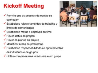 Kickoff Meeting
Permite que as pessoas da equipe se
conheçam
Estabelece relacionamentos de trabalho e
linhas de comunicação
Estabelece metas e objetivos do time
Rever status do projeto
Rever os planos do projeto
Identificar áreas de problemas
Estabelece responsabilidades e apontamentos
de indivíduos e de grupos
Obtém compromissos individuais e em grupo
 