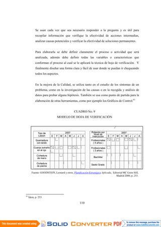 110
Se usan cada vez que sea necesario responder a la pregunta y es útil para
recopilar información que verifique la efectividad de acciones intermedias,
analizar causas potenciales y verificar la efectividad de soluciones permanentes.
Para elaborarla se debe definir claramente el proceso o actividad que será
analizada, además debe definir todas las variables o características que
conforman el proceso al cual se le aplicará la técnica de hoja de verificación. Y
finalmente diseñar una forma clara y fácil de usar donde se puedan ir chequeando
todos los aspectos.
En la mejora de la Calidad, se utiliza tanto en el estudio de los síntomas de un
problema, como en la investigación de las causas o en la recogida y análisis de
datos para probar alguna hipótesis. También se usa como punto de partida para la
elaboración de otras herramientas, como por ejemplo los Gráficos de Control.81
CUADRO No. 9
MODELO DE HOJA DE VERIFICACIÓN
Fuente: GOODSTEIN, Leonard y otros, Planificación Estratégica Aplicada, Editorial MC Graw Hill,
Madrid 2000, p. 253.
81
Ídem, p. 253
 