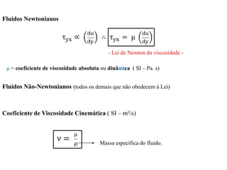 Fluidos Newtonianos
μ = coeficiente de viscosidade absoluta ou dinâmica ( SI – Pa. s)
Fluidos Não-Newtonianos (todos os demais que não obedecem à Lei)
Coeficiente de Viscosidade Cinemática ( SI – m²/s)
- Lei de Newton da viscosidade -
Massa específica do fluido.
 