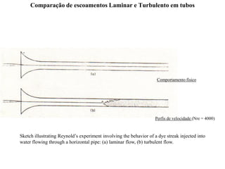 Sketch illustrating Reynold’s experiment involving the behavior of a dye streak injected into
water flowing through a horizontal pipe: (a) laminar flow, (b) turbulent flow.
Comparação de escoamentos Laminar e Turbulento em tubos
Comportamento físico
Perfis de velocidade (Nre = 4000)
 