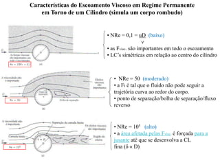Características do Escoamento Viscoso em Regime Permanente
em Torno de um Cilindro (simula um corpo rombudo)
• NRe = 0,1 = uD (baixo)
ν
• as Fvisc. são importantes em todo o escoamento
• LC’s simétricas em relação ao centro do cilindro
• NRe = 50 (moderado)
• a Fi é tal que o fluido não pode seguir a
trajetória curva ao redor do corpo.
• ponto de separação/bolha de separação/fluxo
reverso
• NRe = 105 (alto)
• a área afetada pelas Fvisc. é forçada para a
jusante até que se desenvolva a CL
fina (δ « D)
 