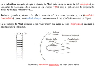Escoamento transônico / supersônico em torno de um objeto
Se a velocidade aumenta até que o número de Mach seja maior ou cerca de 0,3 (subsônico), as
variações de massa específica tornam-se importantes (>5%), mas a configuração do escoamento
ainda permanece como mostrado.
Todavia, quando o número de Mach aumenta até um valor superior a um (transônico
/supersônico), ocorre uma onda de choque e o escoamento terá a aparência mostrada na Figura.
Se o número de Mach aumenta a um valor maior que cerca de seis (hipersônico), ocorrerá a
dissociação e a ionização.
 