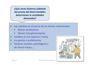  Los cambios en el precio de los bienes relacionados:
 Bienes Sustitutivos. 
 Bienes Complementarios.
 Cambios en los ingresos / renta 
 Los gustos o preferencias
 Factores sociales, psicológicos y 
de fuerza mayor,…
¿Qué otros factores (además 
del precio del bien) también 
determinan la cantidades 
demandas?
10Capítulo 2 Prof. Soledad Barrios Martínez
 