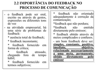 2.2 IMPORTÂNCIA DO FEEDBACK NO PROCESSO DE COMUNICAÇÃO* feedback não orientado adequadamente à correção da comunicação;	*feedback que não perdura;	*feedback não emitido diretamente pelo emissor;	* feedback obtido através de meios complicados e confusos.	- um bom feedback deve ser: simples, constante, positivo, imediato, objetivo, relacionado necessariamente a uma meta, permanente, obtido diretamente pelo emissor- o feedback pode ser oral, escrito ou através de gestos, expressões ou diferentes tons de voz- na atividade empresarial, há uma série de problemas de feedback:	* ausência total de feedback;	* feedback inconstante;	* feedback fornecido em forma de crítica;	* feedback atrasado, chegando fora de tempo hábil;	* feedback fornecido em termos subjetivos;