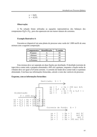 Introdução aos Processos Química
65
y = 0,65;
x = 0,335.
Observação:
i) Na solução foram utilizadas as equações representativas dos balanços dos
componentes H2O e N2 , pois eles aparecem em um menor número de correntes.
Exemplo Ilustrativo 4:
Encontra-se disponível em uma planta de processo uma vazão de 1.000 mol/h de uma
mistura com a seguinte composição:
Componentes Identificação % molar
Propano A 20
i-Butano B 30
i-Pentano C 20
n-Pentano D 30
Esta mistura deve ser separada em duas frações por destilação. O destilado (corrente de
topo) deve conter todo o propano alimentado e 80% do i-pentano, enquanto a fração molar de
i-butano deve ser igual a 0,4 nesta corrente. A corrente de fundo deve conter todo o n-pentano
alimentado. Com base nas informações fornecidas, calcule o resto das variáveis do processo.
Esquema, com as informações fornecidas:
C
O
L
U
N
A
Alimentação
F = 1000 mol/h
za = 0,2 ; Fa = 200 mol A/h
zb = 0,3 ; Fb = 300 mol B/h
zc = 0,2 ; Fc = 200 mol C/h
zd = 0,3 ; Fd = 300 mol D/h
Destilado; D = ?
xa = ? ; Da = 200 mol A/h
xb = 0,4 ; Db = ?
xc = ? ; Dc = Fc x 0,8 = 1
xd = ? ; Dd = ?
Corrente de Fundo; B = ?
ya = ? ; Ba = ? mol A/h
yb = ? ; Bb = ? mol B/h
yc = ? ; Bc = ? mol C
yd = ? ; Bd = 300 mol D/h
 