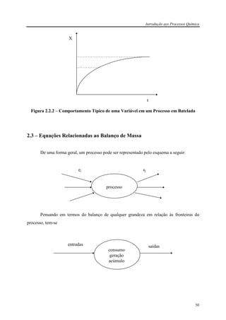 Introdução aos Processos Química
50
X
t
Figura 2.2.2 – Comportamento Típico de uma Variável em um Processo em Batelada
2.3 – Equações Relacionadas ao Balanço de Massa
De uma forma geral, um processo pode ser representado pelo esquema a seguir:
ei sj
processo
Pensando em termos do balanço de qualquer grandeza em relação às fronteiras do
processo, tem-se
consumo
geração
acúmulo
entradas saídas
 