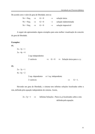 Introdução aos Processos Química
55
De acordo com o valor do grau de liberdade, tem-se:
Nv = Neq ⇒ G = 0 → solução única
Nv > Neq ⇒ G > 0 → solução indeterminada
Nv < Neq ⇒ G < 0 → solução impossível
A seguir são apresentados alguns exemplos para uma melhor visualização do conceito
de grau de liberdade.
Exemplos:
#1.
2x - 3y = 1
3x - 4y = 4
2 eqs independentes
2 variáveis ⇒ G = 0 ⇒ Solução única para x e y.
#2.
2x - 3y = 1
4x - 6y = 2
2 eqs. dependentes ⇒ 1 eq. independente
2 variáveis ⇒ G = 1.
Havendo um grau de liberdade, o sistema tem infinitas soluções localizadas sobre a
reta, definida pela equação independente do sistema. Assim,
2x - 3y = 1 ⇒ Infinitas Soluções - Pares (x,y) localizados sobre a reta
definida pela equação.
 