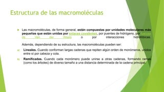 Estructura de las macromoléculas
 Las macromoléculas, de forma general, están compuestas por unidades moleculares más
pequeñas que están unidas por enlaces covalentes, por puentes de hidrógeno, por fuerzas
de Van der Waals o por interacciones hidrofóbicas.
Además, dependiendo de su estructura, las macromoléculas pueden ser:
a) Lineales. Cuando conforman largas cadenas que repiten algún orden de monómeros, unidos
entre sí por cabeza y cola.
b) Ramificadas. Cuando cada monómero puede unirse a otras cadenas, formando ramas
(como los árboles) de diverso tamaño a una distancia determinada de la cadena principal.
 