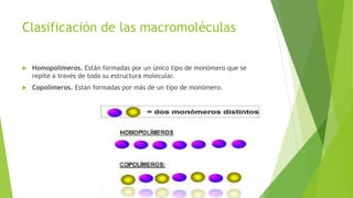 Clasificación de las macromoléculas
 Homopolímeros. Están formadas por un único tipo de monómero que se
repite a través de toda su estructura molecular.
 Copolímeros. Están formadas por más de un tipo de monómero.
 