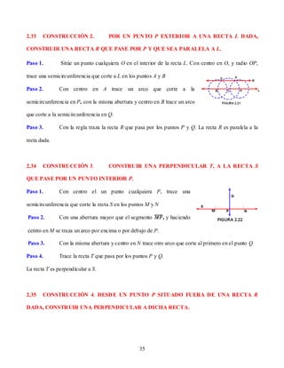 2.33   CONSTRUCCIÓN 2.               POR UN PUNTO P EXTERIOR A UNA RECTA L DADA,

CONSTRUIR UNA RECTA R QUE PASE POR P Y QUE SEA PARALELA A L.

Paso 1.        Sitúe un punto cualquiera O en el interior de la recta L. Con centro en O, y radio OP,

trace una semicircunferencia que corte a L en los puntos A y B

Paso 2.        Con centro en A trace un arco que corte a                     la

semicircunferencia en P, con la misma abertura y centro en B trace un arco

que corte a la semicircunferencia en Q.

Paso 3.        Con la regla traza la recta R que pasa por los puntos P y Q. La recta R es paralela a la

recta dada.



2.34   CONSTRUCCIÓN 3.               CONSTRUIR UNA PERPENDICULAR T, A LA RECTA S

QUE PASE POR UN PUNTO INTERIOR P.

Paso 1.        Con centro el un punto cualquiera P, trace una

semicircunferencia que corte la recta S en los puntos M y N

Paso 2.        Con una abertura mayor que el segmento         , y haciendo

centro en M se traza un arco por encima o por debajo de P.

Paso 3.        Con la misma abertura y centro en N trace otro arco que corte al primero en el punto Q

Paso 4.        Trace la recta T que pasa por los puntos P y Q.

La recta T es perpendicular a S.



2.35   CONSTRUCCIÓN 4. DESDE UN PUNTO P SITUADO FUERA DE UNA RECTA R

DADA, CONSTRUIR UNA PERPENDICULAR A DICHA RECTA.




                                                   35
 