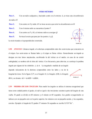 OTRO MÉTODO

Paso 1.        Con un radio cualquiera y haciendo centro en el extremo A, se traza una circunferencia

de radio AN

Paso 2.        Con centro en N y radio AN se traza un arco que corte la circunferencia en M

Paso 3.        Con el mismo radio se encuentra el punto P

Paso 4.        Con centro en P y M y el mismo radio se consigue Q

Paso 5.        Se traza la recta que pase por los puntos A y Q.

La recta trazada es la perpendicular construida.



2.38   ANGULO. Llámese ángulo a la abertura comprendida entre dos semi-rectas que concurren en

el origen. Las semi- rectas se llaman lados y el origen se llama vértice. Generalmente un ángulo se

designa con tres letras mayúsculas, escribiendo la del vértice en el medio; en caso de no existir

ambigüedad, se nombra sólo la letra del vértice. Con frecuencia, para abreviar, se sustituye la palabra

ángulo por alguno de los símbolos:              La magnitud o medida de un ángulo

depende únicamente de la abertura comprendida entre los lados y no de la

longitud de éstos. En la figura 2.27, es el ángulo O, ó el ángulo AOB, ó el ángulo

BOA y se denota:                          .



2.39   MEDIDA DE LOS ÁNGULOS. Para medir los ángulos se utiliza el sistema sexagesimal que

tiene como unidad patrón el grado, el cuál es igual a las trescientas sesentava parte del ángulo de una

vuelta. El grado se divide en 60 minutos y el minuto en 60 segundos. Los grados sexagesimales se

indican con un pequeño cero en la parte superior, los minutos con un pequeño acento, y los segundos,

con dos. Ejemplo: el ángulo de 52 grados 37 minutos 56 segundos se escribe              .




                                                    37
 