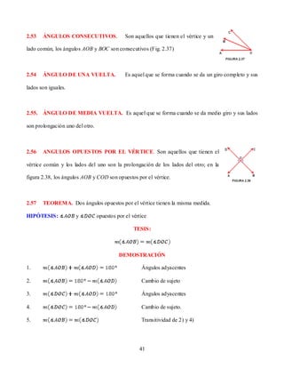 2.53   ÁNGULOS CONSECUTIVOS.                  Son aquellos que tienen el vértice y un

lado común, los ángulos AOB y BOC son consecutivos (Fig. 2.37)



2.54   ÁNGULO DE UNA VUELTA.                  Es aquel que se forma cuando se da un giro completo y sus

lados son iguales.



2.55. ÁNGULO DE MEDIA VUELTA. Es aquel que se forma cuando se da medio giro y sus lados

son prolongación uno del otro.



2.56   ANGULOS OPUESTOS POR EL VÉRTICE. Son aquellos que tienen el

vértice común y los lados del uno son la prolongación de los lados del otro; en la

figura 2.38, los ángulos AOB y COD son opuestos por el vértice.



2.57   TEOREMA. Dos ángulos opuestos por el vértice tienen la misma medida.

HIPÓTESIS:           y           opuestos por el vértice

                                                  TESIS:



                                           DEMOSTRACIÓN

1.                                                   Ángulos adyacentes

2.                                                   Cambio de sujeto

3.                                                   Ángulos adyacentes

4.                                                   Cambio de sujeto.

5.                                                   Transitividad de 2) y 4)




                                                    41
 