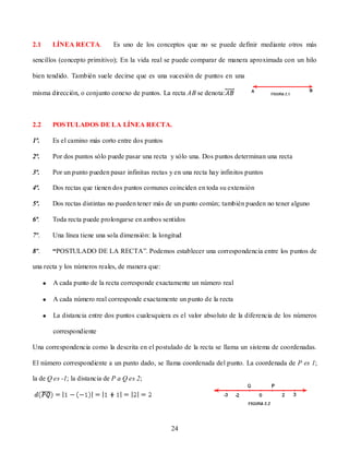 2.1    LÍNEA RECTA.            Es uno de los conceptos que no se puede definir mediante otros más

sencillos (concepto primitivo); En la vida real se puede comparar de manera aproximada con un hilo

bien tendido. También suele decirse que es una sucesión de puntos en una

misma dirección, o conjunto conexo de puntos. La recta AB se denota:



2.2    POSTULADOS DE LA LÍNEA RECTA.

1ª.    Es el camino más corto entre dos puntos

2ª.    Por dos puntos sólo puede pasar una recta y sólo una. Dos puntos determinan una recta

3ª.    Por un punto pueden pasar infinitas rectas y en una recta hay infinitos puntos

4ª.    Dos rectas que tienen dos puntos comunes coinciden en toda su extensión

5ª.    Dos rectas distintas no pueden tener más de un punto común; también pueden no tener alguno

6ª.    Toda recta puede prolongarse en ambos sentidos

7º.    Una línea tiene una sola dimensión: la longitud

8º.    “POSTULADO DE LA RECTA”. Podemos establecer una correspondencia entre los puntos de

una recta y los números reales, de manera que:

       A cada punto de la recta corresponde exactamente un número real

       A cada número real corresponde exactamente un punto de la recta

       La distancia entre dos puntos cualesquiera es el valor absoluto de la diferencia de los números

       correspondiente

Una correspondencia como la descrita en el postulado de la recta se llama un sistema de coordenadas.

El número correspondiente a un punto dado, se llama coordenada del punto. La coordenada de P es 1;

la de Q es -1; la distancia de P a Q es 2;




                                                  24
 