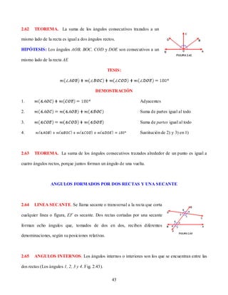 2.62   TEOREMA. La suma de los ángulos consecutivos trazados a un

mismo lado de la recta es igual a dos ángulos rectos.

HIPÓTESIS: Los ángulos AOB, BOC, COD y DOE son consecutivos a un

mismo lado de la recta AE

                                                   TESIS:



                                           DEMOSTRACIÓN

1.                                                               Adyacentes

2.                                                               Suma de partes igual al todo

3.                                                               Suma de partes igual al todo

4.                                                               Sustitución de 2) y 3) en 1)



2.63   TEOREMA. La suma de los ángulos consecutivos trazados alrededor de un punto es igual a

cuatro ángulos rectos, porque juntos forman un ángulo de una vuelta.



                 ANGULOS FORMADOS POR DOS RECTAS Y UNA SECANTE



2.64   LINEA SECANTE. Se llama secante o transversal a la recta que corta

cualquier línea o figura, EF es secante. Dos rectas cortadas por una secante

forman ocho ángulos que, tomados de dos en dos, reciben diferentes

denominaciones, según su posiciones relativas.



2.65   ANGULOS INTERNOS. Los ángulos internos o interiores son los que se encuentran entre las

dos rectas (Los ángulos 1, 2, 3 y 4. Fig. 2.43).

                                                     43
 