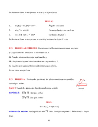 La demostración de la otra parte de la tesis ii) se deja al lector



                                                   TESIS iii)

1.                                                      Ángulos adyacentes

2.                                                      Correspondientes entre paralelas

3.                                                      Sustitución de 2) en 1)

La demostración de la otra parte de la tesis iii) y la tesis iv) se dejan al lector.



2.74    TEOREMA RECÍPROCO. Si una transversal forma con dos rectas de un plano:

i) Ángulos alternos internos de la misma medida, ó,

ii) Ángulos alternos externos de igual medida, ó,

iii) Ángulos conjugados internos suplementarios por defecto, ó,

iv) Ángulos conjugados externos suplementarios por defecto,

Dichas rectas son paralelas



2.75    TEOREMA. Dos ángulos que tienen los lados respectivamente paralelos,

tienen igual medida.

CASO I: Cuando los lados están dirigidos en el mismo sentido.

HIPÓTESIS:                   y de igual sentido

                              y de igual sentido

                                                    TESIS:



Construcción Auxiliar: Prolónguese el lado               hasta conseguir el punto k, formándose el ángulo

EMA

                                                       46
 