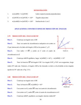 DEMOSTRACIÓN

1.                                               Lados respectivamente perpendiculares

2.                                               Ángulos adyacentes

3.                                               Sustitución de 1) en 2



           APLICACIONES: CONSTRUCCIONES DE TRISECCIÓN DE ÁNGULOS



2.79   TRISECCIÓN DEL ÁNGULO DE 90°.

Paso 1.        Construya un ángulo recto AOB

Paso 2.        Trace un cuarto de circunferencia cualquiera con centro en

O que intersecará a los lados del ángulo AOB en los puntos C y D

Paso 3.        Con radio                   y centro en C corte el cuarto de

circunferencia en E

Paso 4.        Construya            equilátero, luego:                    y

Paso 5.        Trace la bisectriz          del ángulo COE. Los ángulo EOF y FOC son congruentes, luego

miden 30° cada uno. Entonces, el ángulo AOB se ha trisecado; es decir, se ha dividido en tres ángulos

iguales de 30° cada uno. (Fig. 2.51).



2.80   TRISECCIÓN DEL ÁNGULO DE 45°.

Paso 1.        Construya un ángulo recto AOB.

Paso 2.        Trace la bisectriz      ,

Paso 3.        Con centro en O y radio         , trace un cuarto de circunferencia

Paso 4.        Con centro en F y radio         , corte el cuarto de circunferencia en G

Paso 5.        Construya            , equilátero; sus ángulos internos miden 60°

                                                         50
 