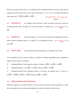 Decir que un punto B está entre A y C, significa que los tres puntos están en una recta y que están de

alguna de estas dos forma: (Fig. 2.3). Es decir, B está entre A y C si: A, B y C son puntos distintos de

una misma recta y



2.3       SEMI-RECTA.          Se considera como semi-recta a todos los puntos de una recta a partir de

un punto llamado origen. La figura 2.4, es una semi-recta y se denota como

      .



2.4       SEGMENTO.            Se llama segmento a la parte de una línea recta comprendida entre dos

puntos distintos, llamados extremos. La figura 2.5, es un segmento y se nota

como        .



2.5       POSTULADO.           La menor distancia entre dos puntos, es el segmento que los une.



Si dos segmentos tienen la misma medida, se cumplen las mismas propiedades que la igualdad de

números reales; es decir, se cumplen:

1º        Propiedad idéntica: Todo segmento es igual a sí mismo:

2º        Propiedad recíproca: Si                   entonces

3º        Propiedad Transitiva: Dos segmentos iguales a un tercero, son iguales entre sí; es decir: Si

                     y                   entonces



2.6       OPERACIONES CON SEGMENTOS.

Dados dos segmentos es posible encontrar un tercero que sea la suma de los dos segmentos. La suma

de dos segmentos tiene las mismas propiedades de la suma de los números reales, a saber:

                                                    25
 