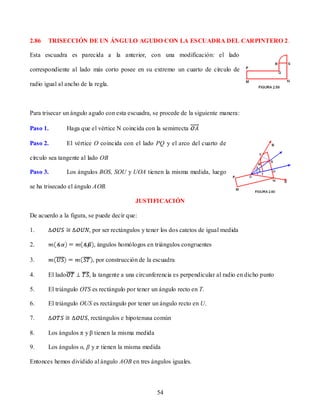 2.86   TRISECCIÓN DE UN ÁNGULO AGUDO CON LA ESCUADRA DEL CARPINTERO 2.

Esta escuadra es parecida a la anterior, con una modificación: el lado

correspondiente al lado más corto posee en su extremo un cuarto de círculo de

radio igual al ancho de la regla.



Para trisecar un ángulo agudo con esta escuadra, se procede de la siguiente manera:

Paso 1.          Haga que el vértice N coincida con la semirrecta

Paso 2.          El vértice O coincida con el lado PQ y el arco del cuarto de

círculo sea tangente al lado OB

Paso 3.          Los ángulos BOS, SOU y UOA tienen la misma medida, luego

se ha trisecado el ángulo AOB.

                                            JUSTIFICACIÓN

De acuerdo a la figura, se puede decir que:

1.                       , por ser rectángulos y tener los dos catetos de igual medida

2.                         , ángulos homólogos en triángulos congruentes

3.                         , por construcción de la escuadra

4.     El lado           , la tangente a una circunferencia es perpendicular al radio en dicho punto

5.     El triángulo OTS es rectángulo por tener un ángulo recto en T.

6.     El triángulo OUS es rectángulo por tener un ángulo recto en U.

7.                       , rectángulos e hipotenusa común

8.     Los ángulos π y β tienen la misma medida

9.     Los ángulos α, β y π tienen la misma medida

Entonces hemos dividido al ángulo AOB en tres ángulos iguales.



                                                    54
 