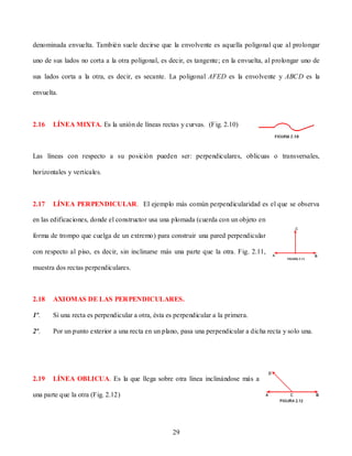 denominada envuelta. También suele decirse que la envolvente es aquella poligonal que al prolongar

uno de sus lados no corta a la otra poligonal, es decir, es tangente; en la envuelta, al prolongar uno de

sus lados corta a la otra, es decir, es secante. La poligonal AFED es la envolvente y ABCD es la

envuelta.



2.16   LÍNEA MIXTA. Es la unión de líneas rectas y curvas. (Fig. 2.10)



Las líneas con respecto a su posición pueden ser: perpendiculares, oblicuas o transversales,

horizontales y verticales.



2.17   LÍNEA PERPENDICULAR. El ejemplo más común perpendicularidad es el que se observa

en las edificaciones, donde el constructor usa una plomada (cuerda con un objeto en

forma de trompo que cuelga de un extremo) para construir una pared perpendicular

con respecto al piso, es decir, sin inclinarse más una parte que la otra. Fig. 2.11,

muestra dos rectas perpendiculares.



2.18   AXIOMAS DE LAS PERPENDICULARES.

1º.    Si una recta es perpendicular a otra, ésta es perpendicular a la primera.

2º.    Por un punto exterior a una recta en un plano, pasa una perpendicular a dicha recta y solo una.



A

2.19   LÍNEA OBLICUA. Es la que llega sobre otra línea inclinándose más a

una parte que la otra (Fig. 2.12)




                                                   29
 