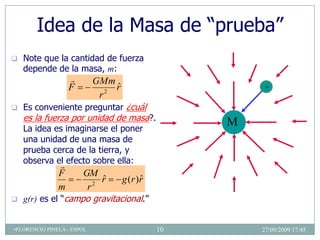 Idea de la Masa de “prueba”
   Note que la cantidad de fuerza
    depende de la masa, m:
                           GMm
                  F            2
                                 ˆ
                                 r                m

                             r
   Es conveniente preguntar ¿cuál
    es la fuerza por unidad de masa?.
    La idea es imaginarse el poner
                                             M
    una unidad de una masa de
    prueba cerca de la tierra, y
    observa el efecto sobre ella:
             
              F     GM
                       2
                         ˆ
                         r          ˆ
                              g (r )r
              m      r
   g(r) es el “campo gravitacional.”


•FLORENCIO PINELA - ESPOL               10       27/09/2009 17:45
 