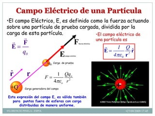 Campo Eléctrico de una Partícula
•El campo Eléctrico, E, es definido como la fuerza actuando
                             •14
sobre una partícula de prueba cargada, dividida por la
carga de esta partícula.              •El campo eléctrico de
                                                                             una partícula es
          F                                         F                            
                                                           fuerza eléctrica

   E                                                                                       1       Q
           q0                                                                     E                    ˆ
                                                                                                       r
                                         Ecampo eéctrico                               4       0   r 2


                            +q0   Carga de prueba



  ˆ
  r           r             F
                                   1 Qqo
                                  4 o r2
  +Q        Carga generadora del campo


Esta expresión del campo E, es válida también
   para puntos fuera de esferas con carga
       distribuidas de manera uniforme.
•FLORENCIO PINELA - ESPOL                                                                          •27/09/2009 17:45
 
