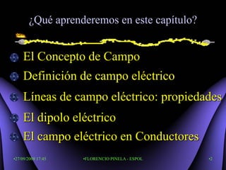 ¿Qué aprenderemos en este capítulo?


    El Concepto de Campo
    Definición de campo eléctrico
    Líneas de campo eléctrico: propiedades
    El dipolo eléctrico
    El campo eléctrico en Conductores
•27/09/2009 17:45   •FLORENCIO PINELA - ESPOL   •2
 