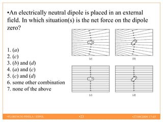 •An electrically neutral dipole is placed in an external
field. In which situation(s) is the net force on the dipole
zero?


1. (a)
2. (c)
3. (b) and (d)
4. (a) and (c)
5. (c) and (d)
6. some other combination
7. none of the above



•FLORENCIO PINELA - ESPOL     •23                   •27/09/2009 17:45
 
