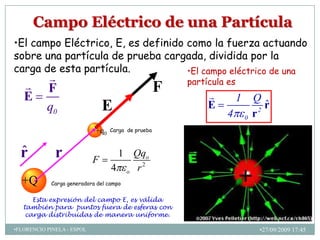 Campo Eléctrico de una Partícula
•El campo Eléctrico, E, es definido como la fuerza actuando
                             •31
sobre una partícula de prueba cargada, dividida por la
carga de esta partícula.            •El campo eléctrico de una
                                                       partícula es
          F                                        F
   E                                                                  1       Q
           q0                   E                            E                   2
                                                                                   ˆ
                                                                                   r
                                                                  4        0   r
                            +q0   Carga de prueba



  ˆ
  r           r             F
                                   1 Qqo
                                  4 o r2
  +Q        Carga generadora del campo


      Esta expresión del campo E, es válida
   también para puntos fuera de esferas con
    carga distribuidas de manera uniforme.

•FLORENCIO PINELA - ESPOL                                                        •27/09/2009 17:45
 