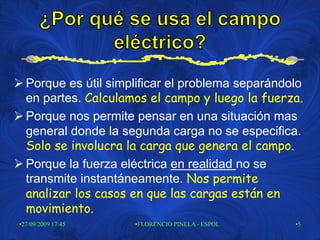  Porque es útil simplificar el problema separándolo
  en partes. Calculamos el campo y luego la fuerza.
 Porque nos permite pensar en una situación mas
  general donde la segunda carga no se especifica.
  Solo se involucra la carga que genera el campo.
 Porque la fuerza eléctrica en realidad no se
  transmite instantáneamente. Nos permite
  analizar los casos en que las cargas están en
  movimiento.
•27/09/2009 17:45    •FLORENCIO PINELA - ESPOL    •5
 