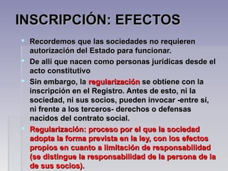  Recordemos que las sociedades no requierenRecordemos que las sociedades no requieren
autorización del Estado para funcionar.autorización del Estado para funcionar.
 De allí que nacen como personas jurídicas desde elDe allí que nacen como personas jurídicas desde el
acto constitutivoacto constitutivo
 Sin embargo, laSin embargo, la regularizaciónregularización se obtiene con lase obtiene con la
inscripción en el Registro. Antes de esto, ni lainscripción en el Registro. Antes de esto, ni la
sociedad, ni sus socios, pueden invocar -entre sí,sociedad, ni sus socios, pueden invocar -entre sí,
ni frente a los terceros- derechos o defensasni frente a los terceros- derechos o defensas
nacidos del contrato social.nacidos del contrato social.
 Regularización: proceso por el que la sociedadRegularización: proceso por el que la sociedad
adopta la forma prevista en la ley, con los efectosadopta la forma prevista en la ley, con los efectos
propios en cuanto a limitación de responsabilidadpropios en cuanto a limitación de responsabilidad
(se distingue la responsabilidad de la persona de la(se distingue la responsabilidad de la persona de la
de sus socios).de sus socios).
INSCRIPCIÓN: EFECTOSINSCRIPCIÓN: EFECTOS
 