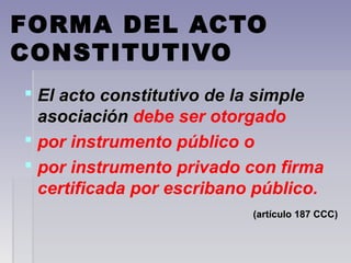 FORMA DEL ACTO
CONSTITUTIVO
 El acto constitutivo de la simpleEl acto constitutivo de la simple
asociaciónasociación debe ser otorgado
 por instrumento público o
 por instrumento privado con firma
certificada por escribano público.
(artículo 187 CCC)(artículo 187 CCC)
 